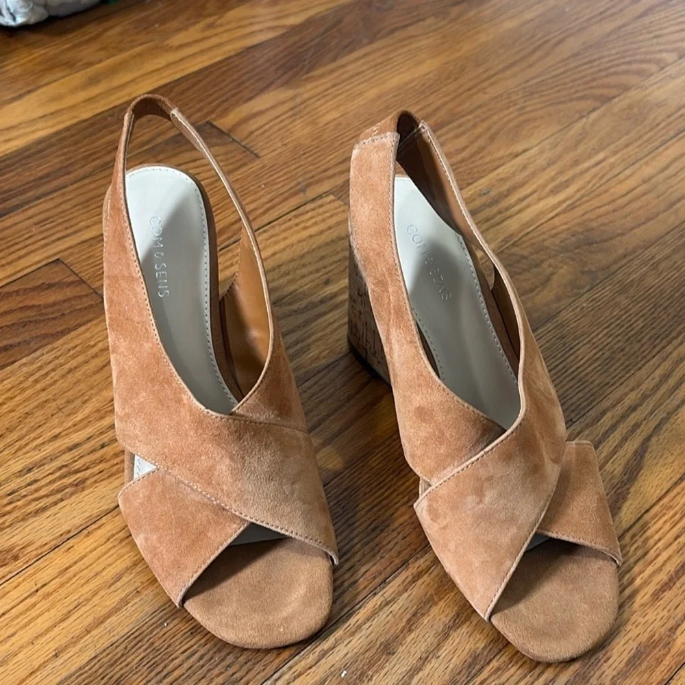 Com & Sens Missy Slingback Suede Cork Wedge Sandal Shoe Tan‎ size 7.5
